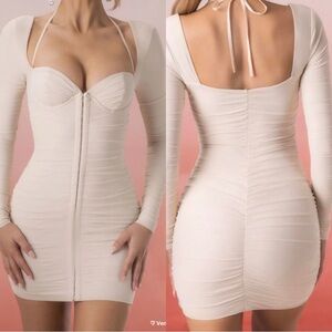 NWT Oh Polly Calista Nude Ruched Long Sleeve Mini Dress Size 10